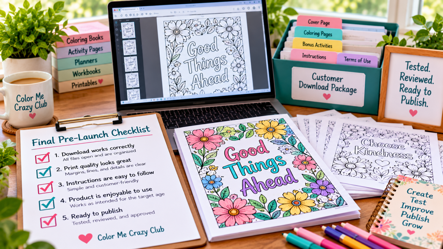 Completed printable pre-launch checklist beside a laptop displaying a coloring book PDF, finished coloring pages, and an organized customer download package.