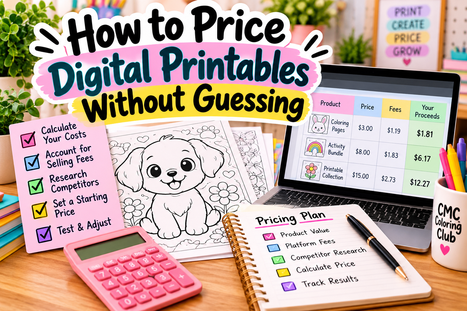 Colorful guide to pricing digital printables featuring a pricing checklist, calculator, printable coloring pages, and laptop displaying product prices, selling fees, and estimated proceeds.