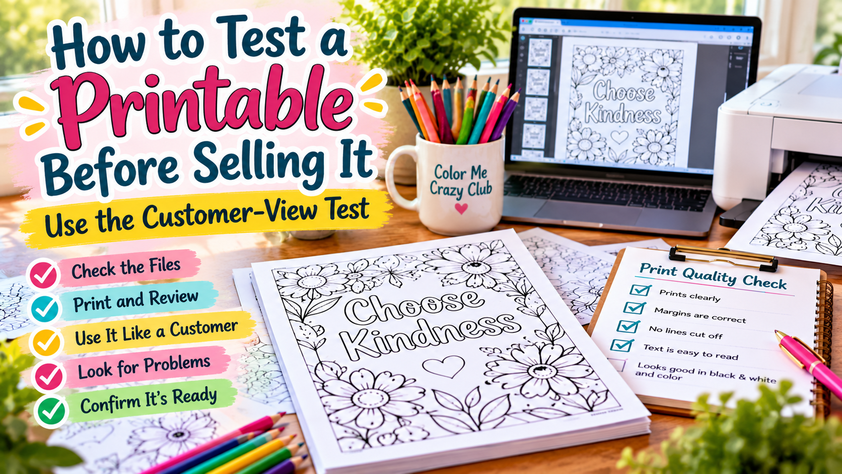 How to test a printable before selling it using a customer-view test, with printable coloring pages, a laptop, printer, and five-step quality checklist.
