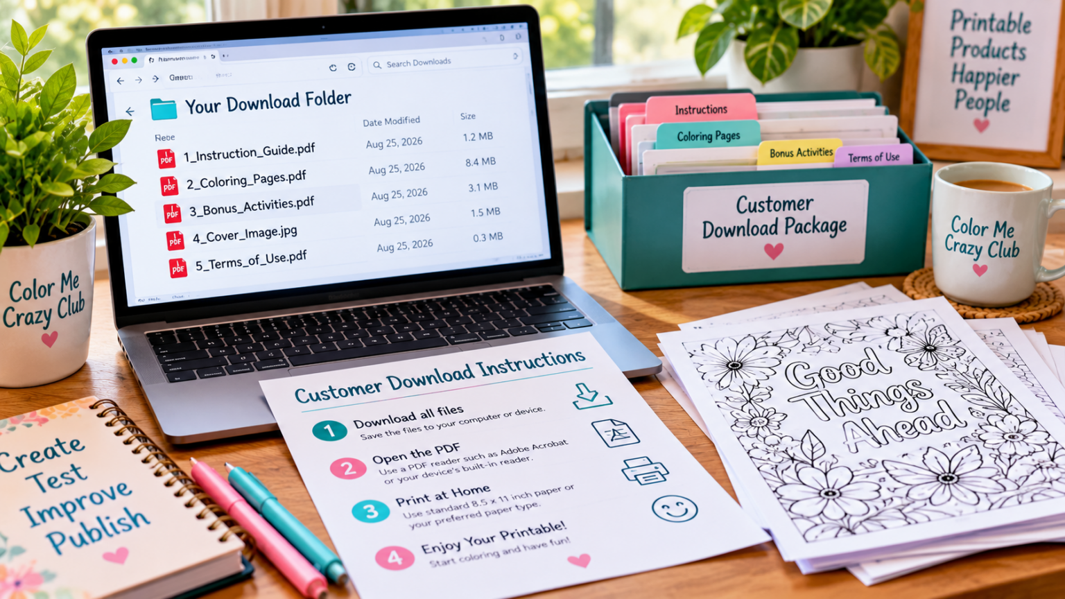 Laptop displaying an organized printable download folder with PDF files, customer instructions, and coloring pages ready for printing.