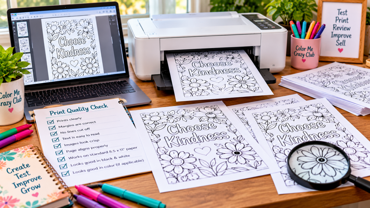 Home printer producing a floral coloring page beside printed test sheets, a print quality checklist, and a laptop displaying the digital printable design.