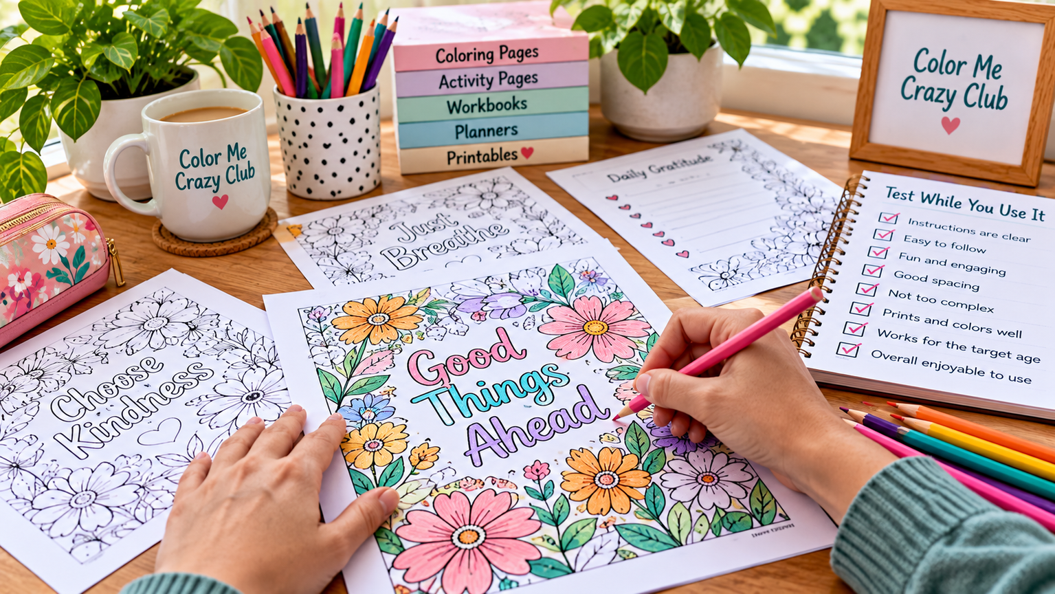 Hands coloring a floral printable page with colored pencils beside a usability testing checklist, worksheets, and CMC Coloring Club supplies.